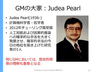 GMの大家：Judea Pearl
• Judea Pearl(1936-)
• 計算機科学者・哲学者
• 2012年チューリング賞受賞
• 人工知能および因果的推論
への確率的な手法を大きく
発展させ、確率的手法の今
日の地位を築き上げた研究
者の1人
特にGMにおいては、歴史的背
景の理解も重要となる
Probabilistic Graphical Models 輪読会 #1 27
 