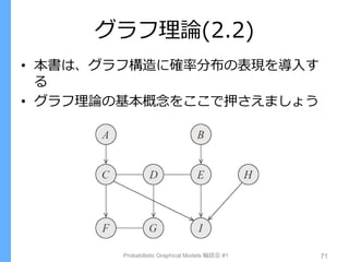 グラフ理論(2.2)
• 本書は、グラフ構造に確率分布の表現を導入す
る
• グラフ理論の基本概念をここで押さえましょう
Probabilistic Graphical Models 輪読会 #1 71
 