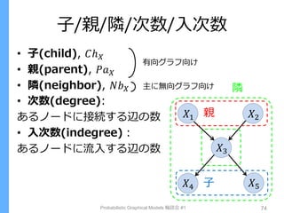 子/親/隣/次数/入次数
• 子(child), 𝐶ℎ 𝑋
• 親(parent), 𝑃𝑎 𝑋
• 隣(neighbor), 𝑁𝑏 𝑋
• 次数(degree):
あるノードに接続する辺の数
• 入次数(indegree)：
あるノードに流入する辺の数
Probabilistic Graphical Models 輪読会 #1 74
有向グラフ向け
主に無向グラフ向け
𝑋1
𝑋3
𝑋4 𝑋5
𝑋2親
子
隣
 