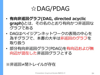 ☆DAG/PDAG
• 有向非巡回グラフ(DAG, directed acyclic
graph)とは、その名のとおり有向かつ非巡回な
グラフである
• DAGはベイジアンネットワークの表現の中心を
為すグラフで、本書の大半は非巡回のグラフを
取り扱う
• 部分有向非巡回グラフ(PDAG)を有向辺および無
向辺が混在した非巡回グラフとする
※非巡回≠閉トレイルが存在
Probabilistic Graphical Models 輪読会 #1 84
 