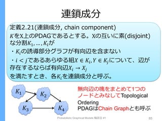 連鎖成分
定義2.21(連鎖成分, chain component)
𝐾をΧ上のPDAGであるとする。Χの互いに素(disjoint)
な分割𝐾1, … , 𝐾𝑙が
・𝐾𝑖の誘導部分グラフが有向辺を含まない
・𝑖 < 𝑗であるあらゆる組𝑋 ∈ 𝐾𝑖, 𝑌 ∈ 𝐾𝑗について、辺が
存在するならば有向辺𝑋𝑖 → 𝑋𝑗
を満たすとき、各𝐾𝑖を連鎖成分と呼ぶ。
Probabilistic Graphical Models 輪読会 #1 85
𝐾1 𝐾2
𝐾3 𝐾4
無向辺の塊をまとめて1つの
ノードとみなしてTopological
Ordering
PDAGはChain Graphとも呼ぶ
 