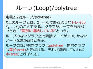 ループ(Loop)/polytree
定義2.22(ループ/polytree)
𝐾上のループとは、X1 = Xkであるようなトレイル
𝑋1, … , 𝑋 𝑘のことである。グラフがループを含まな
いとき、”個別に連結している”という。
ループのないグラフ上で隣接ノードが1つしかない
ノードを葉(leaf)と呼ぶ。
ループのない有向グラフはpolytree、無向グラフ
は森(forest)と呼ばれる。それが連結していれば
木(tree)と呼ばれる。
Probabilistic Graphical Models 輪読会 #1 86
 