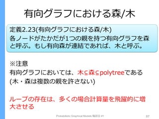 有向グラフにおける森/木
定義2.23(有向グラフにおける森/木)
各ノードがたかだが1つの親を持つ有向グラフを森
と呼ぶ。もし有向森が連結であれば、木と呼ぶ。
※注意
有向グラフにおいては、木⊆森⊆polytreeである
(木・森は複数の親を許さない)
ループの存在は、多くの場合計算量を飛躍的に増
大させる
Probabilistic Graphical Models 輪読会 #1 87
 