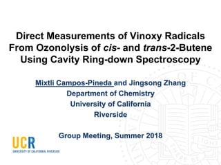 Direct Measurements of Vinoxy Radicals
From Ozonolysis of cis- and trans-2-Butene
Using Cavity Ring-down Spectroscopy
Mixtli Campos-Pineda and Jingsong Zhang
Department of Chemistry
University of California
Riverside
Group Meeting, Summer 2018
 