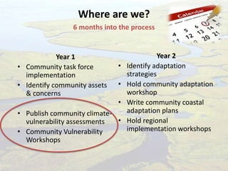 Year 1
• Community task force
implementation
• Identify community assets
& concerns
• Publish community climate-
vulnerability assessments
• Community Vulnerability
Workshops
Year 2
• Identify adaptation
strategies
• Hold community adaptation
workshop
• Write community coastal
adaptation plans
• Hold regional
implementation workshops
Where are we?
6 months into the process
 