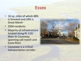 Essex
• 16 sq. miles of which 48%
is forested and 34% is
Great Marsh
• 3504 residents
• Majority of infrastructure
located along Rt 133/
Main St Causeway
spanning salt marsh and
Essex River
• Causeway is a critical
transportation corridor
 