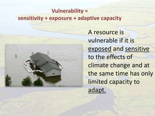 Vulnerability =
sensitivity + exposure + adaptive capacity
A resource is
vulnerable if it is
exposed and sensitive
to the effects of
climate change and at
the same time has only
limited capacity to
adapt.
 