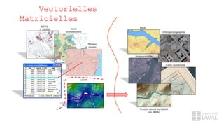 Vectorielles
Matricielles
Orthophotographie
Image satellite
Réseau
routier
BDTQ
1: 20 000
MNA
Carte
écoforestière
LiDAR
Produit dérivé du LiDAR
(ex. MNA)
Carte numérisée
 