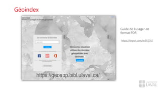 Géoindex
https://geoapp.bibl.ulaval.ca/
Guide de l’usager en
format PDF:
https://tinyurl.com/m3h7j7r2
 