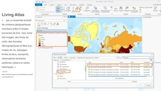 Living Atlas
« …est un ensemble évolutif
de contenus géographiques
mondiaux prêts à l’emploi
provenant de Esri. Ceci inclut
des images, des fonds de
carte, des données
démographiques et liées aux
modes de vie, paysages,
limites et lieux, transports,
observations terrestres,
systèmes urbains et cartes
historiques. »
(Source :
https://enterprise.arcgis.com/fr/portal/latest/use/wha
t-is-living-atlas.htm)
 