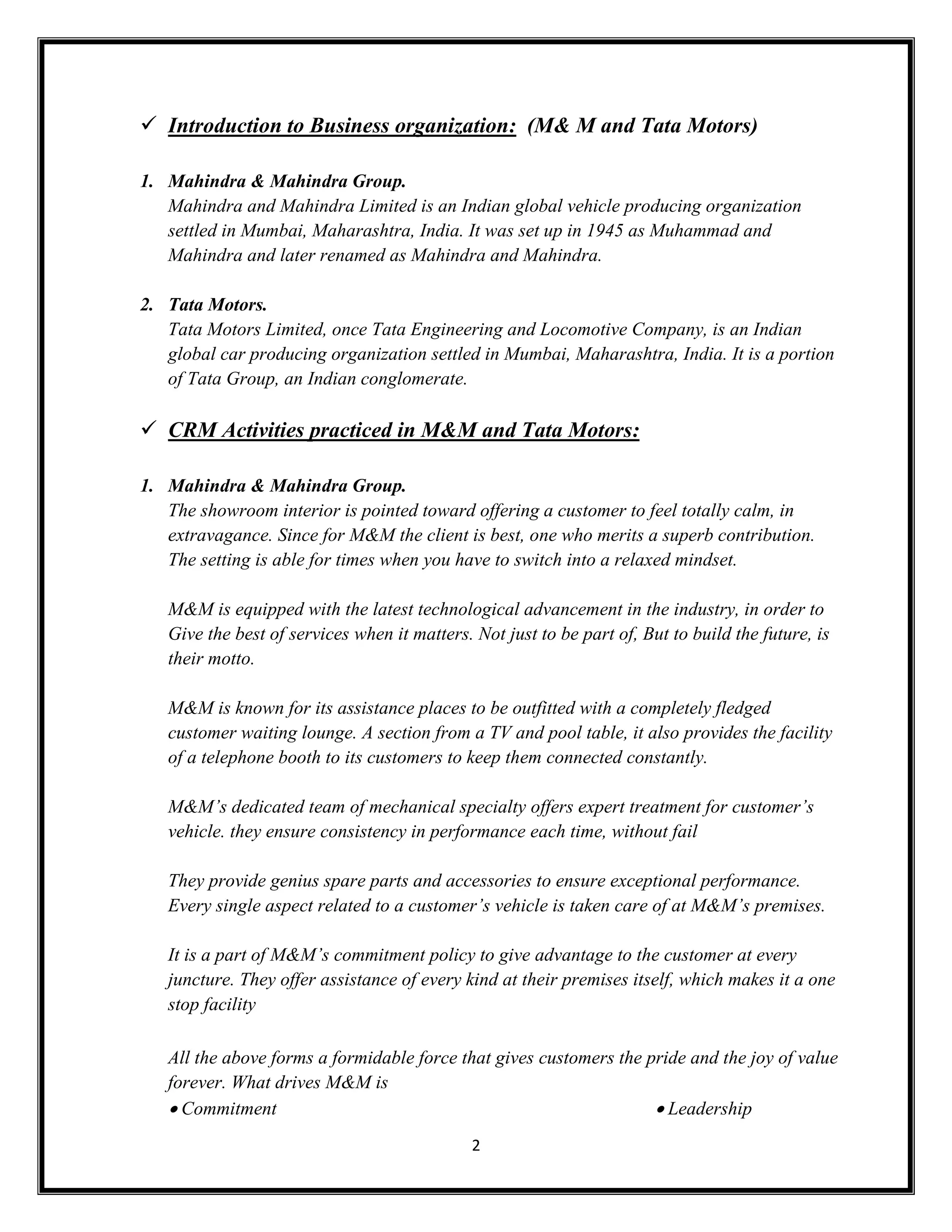 CRM of TATA Motors & Mahindra and Mahindra. | PDF