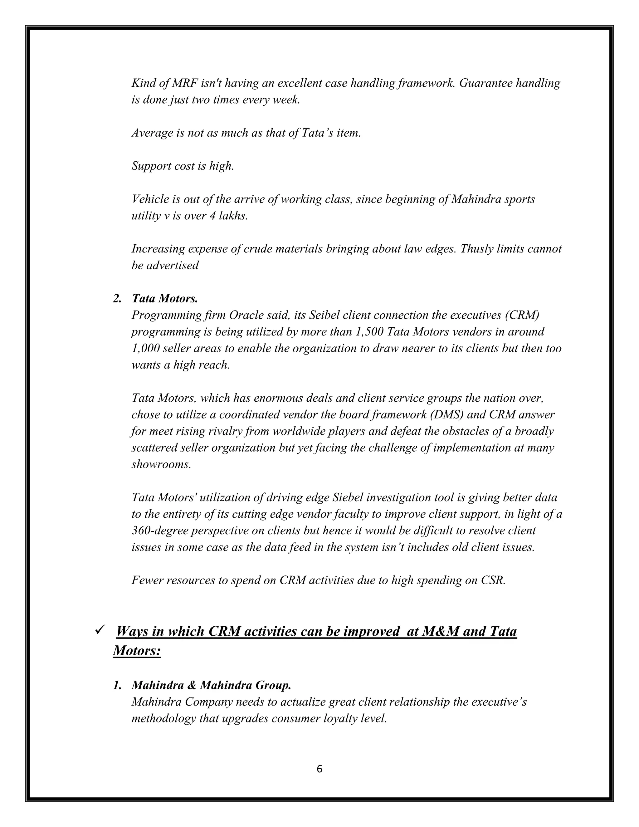 CRM of TATA Motors & Mahindra and Mahindra. | PDF