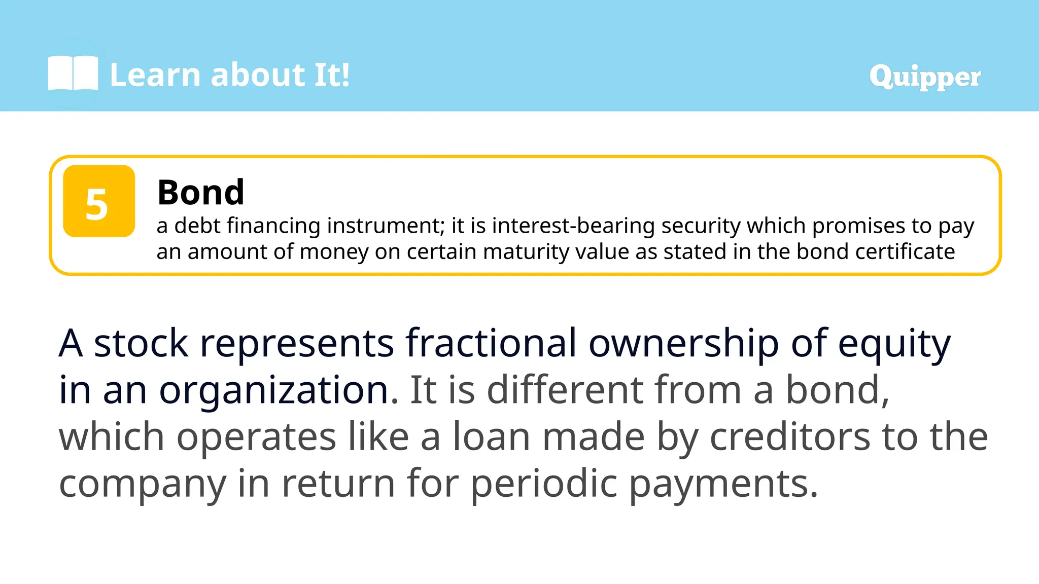 Learn about It!
Bond
a debt financing instrument; it is interest-bearing security which promises to pay
an amount of money on certain maturity value as stated in the bond certificate
5
A stock represents fractional ownership of equity
in an organization. It is different from a bond,
which operates like a loan made by creditors to the
company in return for periodic payments.
 
