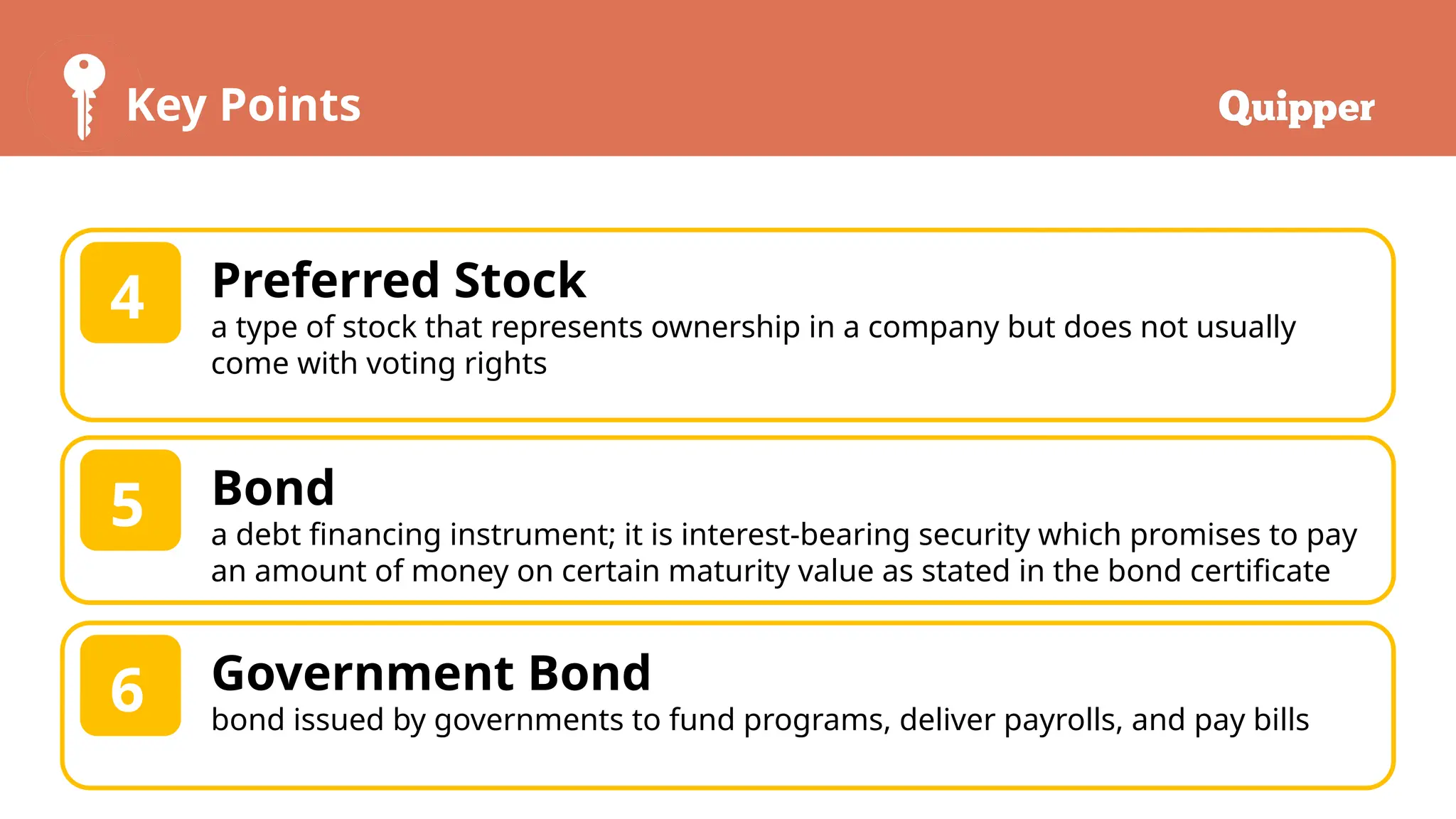 Key Points
Preferred Stock
a type of stock that represents ownership in a company but does not usually
come with voting rights
4
Bond
a debt financing instrument; it is interest-bearing security which promises to pay
an amount of money on certain maturity value as stated in the bond certificate
5
Government Bond
bond issued by governments to fund programs, deliver payrolls, and pay bills
6
 