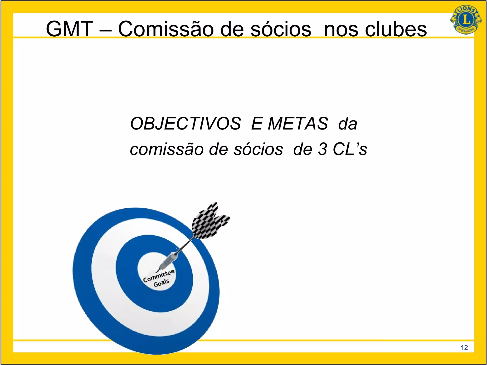 GMT – Comissão de sócios nos clubes



       OBJECTIVOS E METAS da
       comissão de sócios de 3 CL’s




                                      12
 