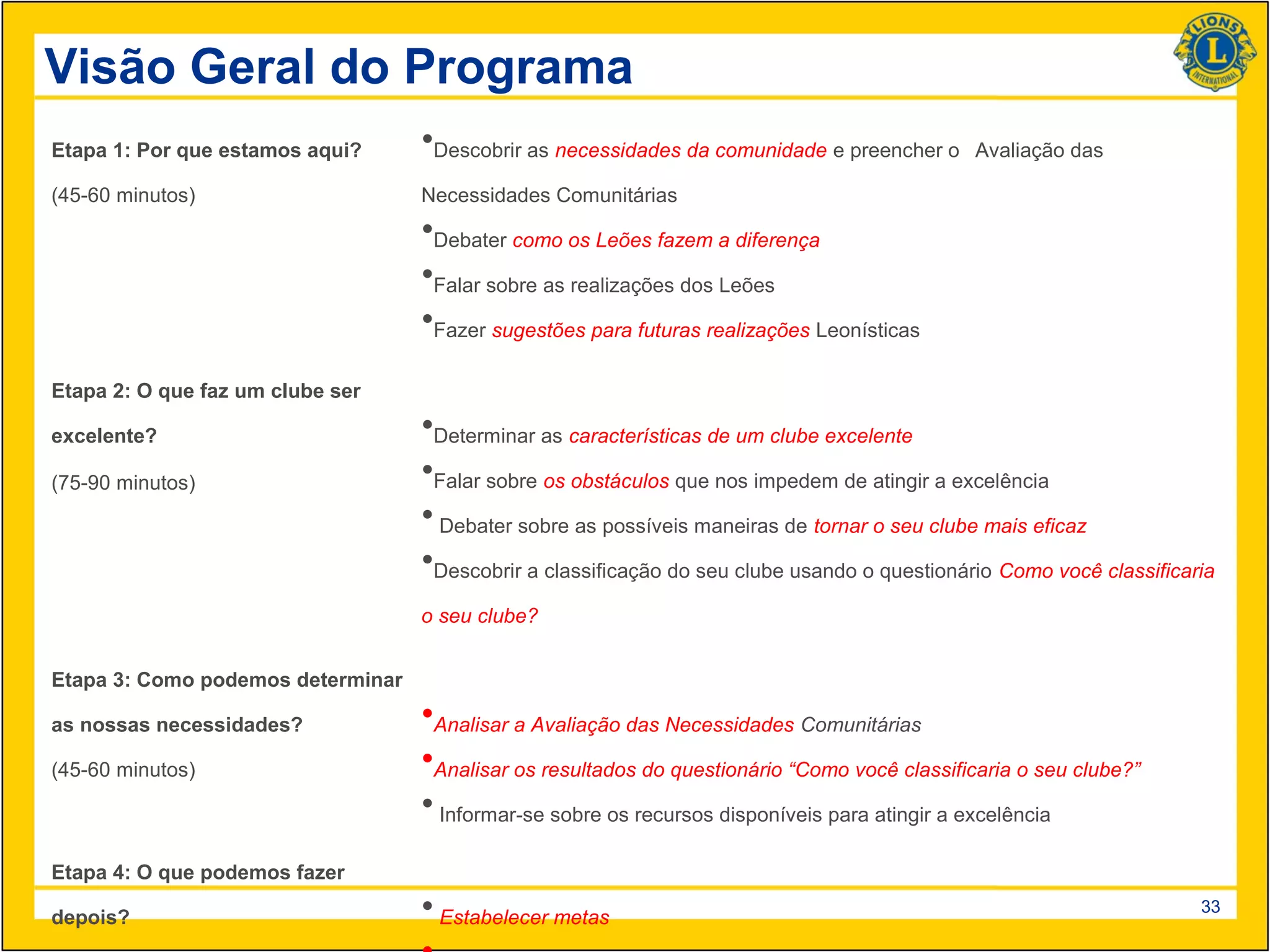Visão Geral do Programa
Etapa 1: Por que estamos aqui?     •Descobrir as necessidades da comunidade e preencher o      Avaliação das

(45-60 minutos)                    Necessidades Comunitárias
                                   •Debater como os Leões fazem a diferença
                                   •Falar sobre as realizações dos Leões
                                   •Fazer sugestões para futuras realizações Leonísticas
Etapa 2: O que faz um clube ser

excelente?                         •Determinar as características de um clube excelente
(75-90 minutos)                    •Falar sobre os obstáculos que nos impedem de atingir a excelência
                                   • Debater sobre as possíveis maneiras de tornar o seu clube mais eficaz
                                   •Descobrir a classificação do seu clube usando o questionário Como você classificaria
                                   o seu clube?


Etapa 3: Como podemos determinar

as nossas necessidades?            •Analisar a Avaliação das Necessidades Comunitárias
(45-60 minutos)                    •Analisar os resultados do questionário “Como você classificaria o seu clube?”
                                   • Informar-se sobre os recursos disponíveis para atingir a excelência
Etapa 4: O que podemos fazer

depois?                            • Estabelecer metas                                                                33
 
