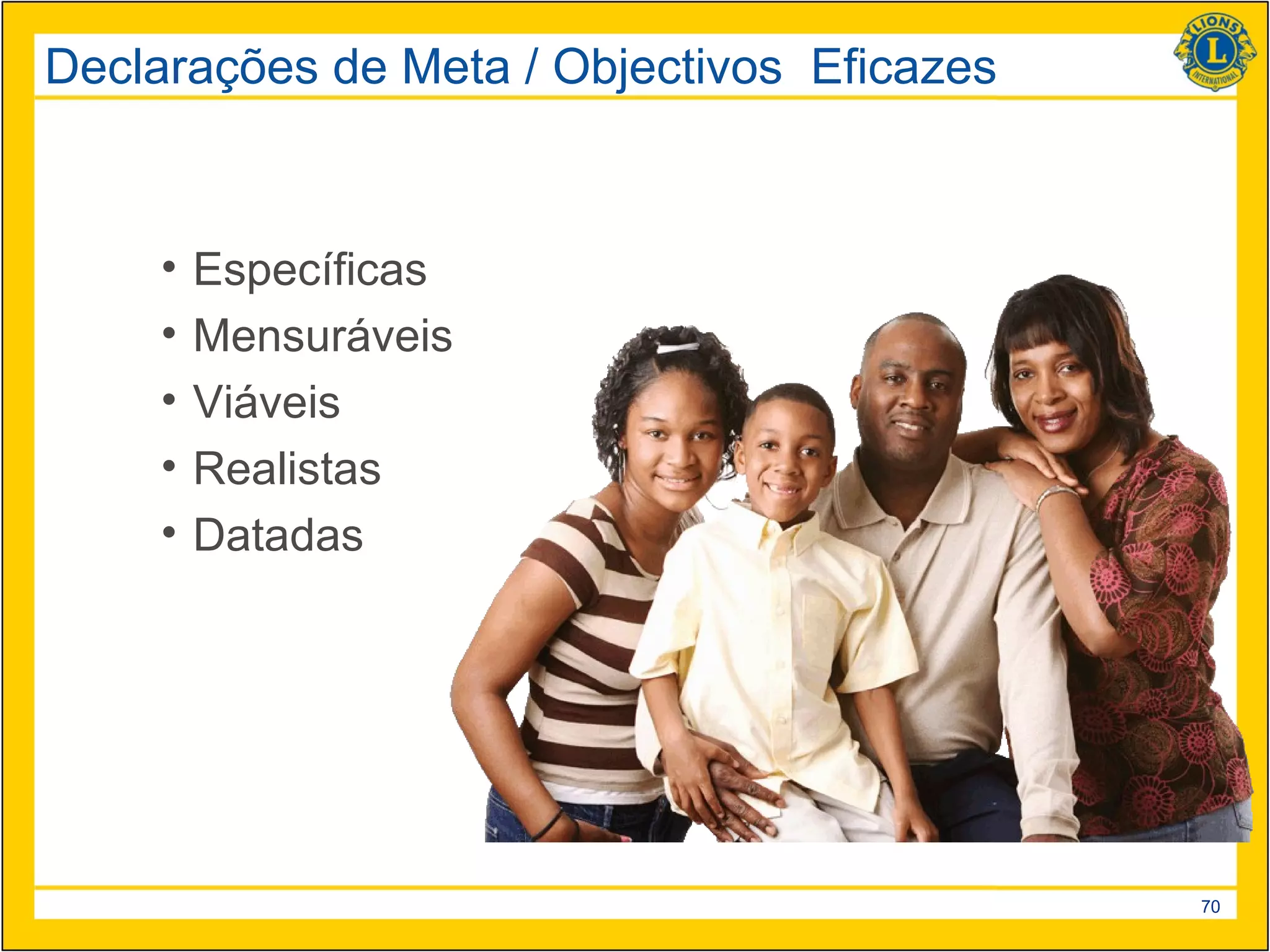 Declarações de Meta / Objectivos Eficazes



     •   Específicas
     •   Mensuráveis
     •   Viáveis
     •   Realistas
     •   Datadas




                                            70
 
