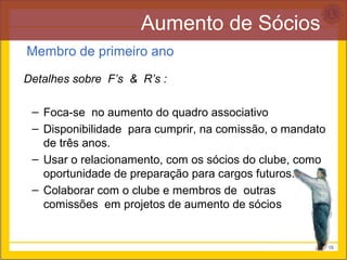 Aumento de Sócios
Membro de primeiro ano

Detalhes sobre F’s & R’s :

 – Foca-se no aumento do quadro associativo
 – Disponibilidade para cumprir, na comissão, o mandato
   de três anos.
 – Usar o relacionamento, com os sócios do clube, como
   oportunidade de preparação para cargos futuros.
 – Colaborar com o clube e membros de outras
   comissões em projetos de aumento de sócios


                                                          15
 