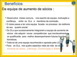 Benefícios
Da equipa de aumento de sócios :

  • Desenvolve metas comuns, cria espírito de equipa, motivação e
    confiânça, entre os CLs e membros da comissão.
  • O clube passa a ter uma equipa focada no processo de melhoria
    do seu quadro social.
  • Os CLs que sucessivamente integrarem a equipa de aumento de
     sócios vão adquirir novas competências que inevitavelmente
     os qualificarão para melhor desempenharem futuras funções
     lionísticas.
  • Trata-se de uma equipa reconhecida e apoiada pelo LCI
  • Foca os CLs, nos quatro aspectos vitais da vida do clube;
     Aumento de sócios, Liderança, Conservação e Extensão

                                                                    28
 