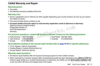 RETURN TO MAIN MENU
SECTION VIID

CANDI MODULE

CANdi Warranty and Repair
Warranty period:
Two years
No extended warranty available at this time

Warranty card:
Send in registration card to Vetronix (or other supplier depending upon country location) as soon as you receive
the CANdi connector.
This card provides phone numbers to call.
European dealers have the option to mail warranty registration cards to Getronics in Germany:
Getronics Service GmbH/Frankfort
Philipp-Reis Strasse 15
D-63128 Dietzenbach
Germany

w.o
w

wor
bd2

com
s.
k

For technical assistance, contact GM Techline Customer Centers for the following locations:
North America 1-800-828-6860
Latin America 1-248-265-0840
Europe
41-41-766-2940

w

Asia Pacific 045-562-4483
Australia
613-9544-6222

Send defective modules to the nearest repair facility (refer to page VI-18 for specific addresses):
U.S.A. Repairs: Vetronix Corporation
Canada Repairs: Custone Electromotive Inc.
Europe Repairs: Getronics Service

Warranty repair procedure:
All Vetronix repair facilities offer the Express Exchange program for their CANdi modules.
Skype: obd2works
When instructed by Customer Support (after troubleshooting guide has been followed) to ship defective units to a
Email: obd2works@gmail.com
Vetronix repair facility (e.g. Custone Electromotive or Getronics), the CANdi unit will be repaired or replaced with
MSN: obd2works@hotmail.com
a new one within 48 hours and shipped back to the dealer.
2005

Tech 2 User’s Guide

VII - 71
www.xcar360.com

 