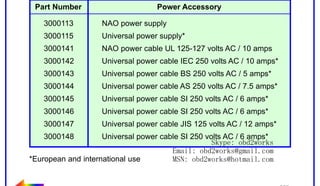 RETURN TO MAIN MENU

Tech 2 power supplies and cables are listed below:
Part Number

Power Accessory

3000113

NAO power supply

3000115

Universal power supply*

3000141

NAO power cable UL 125-127 volts AC / 10 amps

3000142

Universal power cable IEC 250 volts AC / 10 amps*

3000143

Universal power cable BS 250 volts AC / 5 amps*

wor
d2
ob

3000144
3000145

ww.
w
3000146
3000147

om
s.c
k

Universal power cable AS 250 volts AC / 7.5 amps*
Universal power cable SI 250 volts AC / 6 amps*
Universal power cable SI 250 volts AC / 6 amps*

Universal power cable JIS 125 volts AC / 12 amps*

3000148

Universal power cable SI 250 volts AC / 6 amps*
Skype: obd2works
Email: obd2works@gmail.com
*European and international use
MSN: obd2works@hotmail.com

www.xcar360.com

 