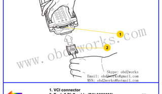 RETURN TO MAIN MENU

ww.
w

wor
d2
ob

om
s.c
k
1

2

Skype: obd2works
Email: obd2works@gmail.com
MSN: obd2works@hotmail.com
1. VCI connector
2. Tech 2 DLC cable (P/N 3000095)

www.xcar360.com

 