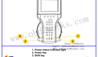 RETURN TO MAIN MENU

wor
d2
ob

ww.
w
4

3

om
s.c
k
1

2
Skype: obd2works
Email: obd2works@gmail.com
MSN: obd2works@hotmail.com
1. Power status indicator light
2. Power key
3. Shift key
4. Shift status indicator light

www.xcar360.com

 