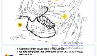 RETURN TO MAIN MENU

1

om
s.c
k
2

wor
d2
ob

3

ww.
w

Skype: obd2works
Email: obd2works@gmail.com
MSN: obd2works@hotmail.com
1. Cigarette lighter power cable (P/N 3000096)
2. Do not use power jack connector while DLC is connected
to a vehicle.
www.xcar360.com
3. Pin adapter 3/19, 10/19, 12/19, or 16/19 (see Section V)

 