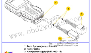 RETURN TO MAIN MENU

1
2
3

wor
d2
ob

om
s.c
k

ww.
w

4
Skype: obd2works
Email: obd2works@gmail.com
MSN: obd2works@hotmail.com
1. Tech 2 power jack connector
2. Power jacks
3. NAO power supply (P/N 3000113)
4. Universal power supply (P/N 3000115)

www.xcar360.com

 