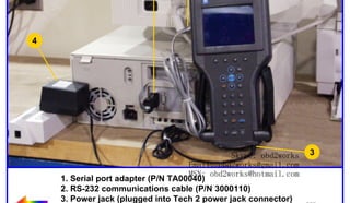 RETURN TO MAIN MENU

1

2

4

wor
d2
ob

ww.
w

om
s.c
k

Skype: obd2works 3
Email: obd2works@gmail.com
MSN: obd2works@hotmail.com
1. Serial port adapter (P/N TA00040)
2. RS-232 communications cable (P/N 3000110)
3. Power jack (plugged into Tech 2 power jack connector)
www.xcar360.com
4. Appropriate power supply

 