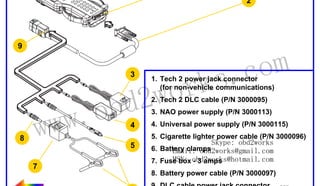 RETURN TO MAIN MENU

1
2

9

3

wor
d2
ob

8

ww.
w

om
s.c
k

1. Tech 2 power jack connector
(for non-vehicle communications)
2. Tech 2 DLC cable (P/N 3000095)

3. NAO power supply (P/N 3000113)

4

4. Universal power supply (P/N 3000115)
5. Cigarette lighter power cable (P/N 3000096)

5

Skype: obd2works

6. Battery clamps
Email: obd2works@gmail.com

MSN: - 3 amps
7. Fuse box obd2works@hotmail.com

7

8. Battery power cable (P/N 3000097)

6

9. DLC cable power jack connector
www.xcar360.com
(for vehicle communications)

 