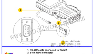 RETURN TO MAIN MENU

1

wor
d2
ob

om
s.c
k

2

ww.
w

Skype: obd2works
3
Email: obd2works@gmail.com
MSN: obd2works@hotmail.com

1. RS-232 cable connected to Tech 2
2. 8-Pin RJ45 connector
3. RS-232 DB9 adapter

www.xcar360.com

 
