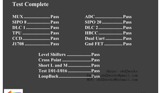 DAY

MONTH

DATE

YEAR

RETURN TO MAIN MENU

TIME :

:

Test Complete
MUX ....................... Pass
SIPO 8 .................... Pass
DLC 1 ..................... Pass
TPU ........................ Pass
CCD........................ Pass
J1708 ...................... Pass

ADC........................ Pass
SIPO 20 .................. Pass
DLC 2 ..................... Pass
HBCC ..................... Pass
Dual Uart ............... Pass
Gnd FET ................ Pass

wor
d2
ob

om
s.c
k

ww.
w

Level Shifters .....................Pass
Cross Point .........................Pass
Short L and M ....................Pass
Test I/01-I/016 ....................Pass Skype: obd2works
Email:
LoopBack............................Pass obd2works@gmail.com
MSN: obd2works@hotmail.com

www.xcar360.com

 