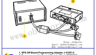 RETURN TO MAIN MENU

2

ww.
w

wor
d2
ob

1

om
s.c
k

Skype: obd2works
Email: obd2works@gmail.com
MSN: obd2works@hotmail.com

1. SPS Off-Board Programming Adapter J 41207-C
2. Reprogrammable Control Module (Flash EEPROM)
www.xcar360.com

 