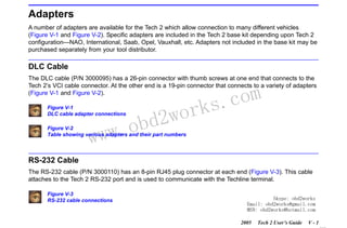 RETURN TO MAIN MENU
SECTION V

ADAPTERS

Adapters
A number of adapters are available for the Tech 2 which allow connection to many different vehicles
(Figure V-1 and Figure V-2). Specific adapters are included in the Tech 2 base kit depending upon Tech 2
configuration—NAO, International, Saab, Opel, Vauxhall, etc. Adapters not included in the base kit may be
purchased separately from your tool distributor.

DLC Cable
The DLC cable (P/N 3000095) has a 26-pin connector with thumb screws at one end that connects to the
Tech 2’s VCI cable connector. At the other end is a 19-pin connector that connects to a variety of adapters
(Figure V-1 and Figure V-2).
Figure V-1
DLC cable adapter connections

w.o
ww

wor
bd2

com
s.
k

Figure V-2
Table showing various adapters and their part numbers

RS-232 Cable
The RS-232 cable (P/N 3000110) has an 8-pin RJ45 plug connector at each end (Figure V-3). This cable
attaches to the Tech 2 RS-232 port and is used to communicate with the Techline terminal.
Figure V-3
RS-232 cable connections

Skype: obd2works
Email: obd2works@gmail.com
MSN: obd2works@hotmail.com
2005

Tech 2 User’s Guide

V-1

www.xcar360.com

 