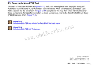 RETURN TO MAIN MENU
SECTION VI

TROUBLESHOOTING

F3: Selectable Main PCB Test
Choose F3: Selectable Main PCB (Figure VI-13) after a fail message has been displayed during the
Automated Main PCB and VCI or Automated Main PCB tests. When you choose F3: Selectable Main
PCB, a screen like the one shown in Figure VI-14 is displayed. You may then select individual tests for
failed components. For specific information on failed components, refer to the Main Printed Circuit Board
(PCB) Diagnostic Chart (Figure VI-9).

Figure VI-13
Selectable Main PCB test selected on Tech 2 Self Test main menu
Figure VI-14
Selectable Main PCB Self Test screen

w.o
ww

wor
bd2

com
s.
k

Skype: obd2works
Email: obd2works@gmail.com
MSN: obd2works@hotmail.com
2005

Tech 2 User’s Guide

VI - 7
www.xcar360.com

 