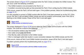 RETURN TO MAIN MENU
SECTION VI

TROUBLESHOOTING

The screen shown in Figure VI-27 is displayed when the Tech 2 does not detect the CANdi module. This
can occur under the following conditions:
• The CANdi module is not connected to the Tech 2, or
• A problem occurred during start-up that prevented the Tech 2 from configuring the CANdi module.
If this occurs, power the Tech 2 off and start again. If the problem persists, follow the troubleshooting tests
on page VI-15.
It is also possible to connect a CANdi module after the Tech 2 has been powered up via the VCI. If this
occurs, the Tech 2 will not detect CANdi module and will not properly communicate, even if the LED is
flashing on the CANdi module. Power off the Tech 2 and start again.
Figure VI-27
CANdi module not detected screen

wor
bd2

com
s.
k

The screen displayed in Figure VI-28 occurs when the Tech 2 loses communication with the CANdi
module. This could be a result of the following:
•
•
•
•

w.o
ww

VCI not properly seated in the Tech 2 slot
DLC cable not properly connected
Poor Burndy cable connection to the CANdi module
Worn or damaged cable that results in a poor connection between the CANdi module and the VCI

If this occurs, check all Tech 2 and CANdi module connections, power off the Tech 2 and start again.
If problem persists perform the troubleshooting tests on page VI-15.
Figure VI-28
Tech 2 lost communication with the CANdi module screen

Skype: obd2works
Email: obd2works@gmail.com
MSN: obd2works@hotmail.com
2005

Tech 2 User’s Guide

VI - 13
www.xcar360.com

 