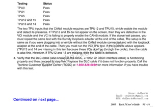 RETURN TO MAIN MENU
SECTION VI

TROUBLESHOOTING

Testing

Status

TPU0
TPU1
TPU5
TPU12 and 15
TPU13 and 14

Pass
Pass
Pass
Pass
Pass

The two TPU inputs that the CANdi module requires are TPU12 and TPU15, which enable the module
and detect its presence. If TPU12 and 15 do not appear on the screen, then they are defective in the
VCI module and the VCI is failing to properly enable the CANdi module. If the above test passes, you
must repeat the same test with the Burndy loopback adapter at the end of the cable. The setup is the
same as if you were plugging into a vehicle without the CANdi module connected and with the loopback
adapter at the end of the cable. Then you must run the VCI TPU test. If the example above appears
(TPU13 and 14 are missing in this test because these I/Os don’t go through the cable), then the cable
is also fine. However, if TPU12 and 15 are missing, then the cable is defective.

w.o
ww

wor
bd2

com
s.
k

4. Verify that the DLC cable (also known as the ALDL, J-1962, or OBDII interface cable) is functioning
properly and then proceed to step five. Replace the DLC cable if it does not function properly. Call the
Techline Customer Support Center (TCSC) at 1-800-828-6860 for more information if you have trouble
with this test.

Skype: obd2works
Email: obd2works@gmail.com
MSN: obd2works@hotmail.com

Continued on next page...
2005

Tech 2 User’s Guide

VI - 16
www.xcar360.com

 