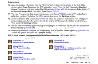 RETURN TO MAIN MENU
SECTION VIIC

SERVICE PROGRAMMING SYSTEM

Programming
10. After downloading information from the PC to the Tech 2, return to the vehicle. At the Tech 2 title
screen, select Enter. To execute the SPS application, press F1 on the Tech 2 keypad or highlight
Service Programming System on the Main Menu screen (Figure VIIC-13), then press Enter. Select F1
or highlight Program ECU, then select Enter (Figure VIIC-22).
11. The New Programming Data screen that appears next (Figure VIIC-23) contains VIN and software
calibration numbers. Verify that the VIN is correct, then press the Continue softkey.
12. At the next Tech 2 SPS screen (Figure VIIC-19), follow the on-screen instructions: Turn off all power
consuming devices. Turn the ignition on with the engine off. Make sure the battery is fully charged.
Then press the Continue softkey.

com
s.
k

13. “Please wait,” may briefly appear as programming begins. A percentage bar will track the progress of
the download (Figure VIIC-24).

wor
bd2

14. When programming is complete, the Programming Was Successful screen appears (Figure VIIC-25).
Turn off the ignition and press the Continue softkey.

w.o
ww

NOTE: Error screens you may encounter are shown in figures VIIC-26 and VIIC-27.
Figure VIIC-22
Program ECU option selected

Figure VIIC-26
Programming failed!

Figure VIIC-23
New Programming Data

Figure VIIC-27
Tech 2 SPS Error - No Communications with
Vehicle instructional screen

Figure VIIC-24
Programming in Progress
Skype: obd2works
Email: obd2works@gmail.com
MSN: obd2works@hotmail.com

Figure VIIC-25
Programming Was Successful
2005

Tech 2 User’s Guide

VII - 49
www.xcar360.com

 