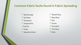 Common Fabric faults found in Fabric Spreading
Bad Selvedge
Burl Mark
Drawbacks
Dropped Pick
End Out
Knots
Mixed End (Yarn)
 