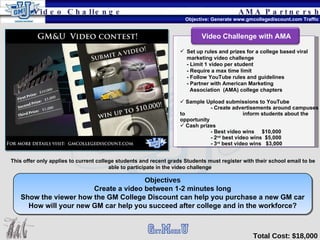 This offer only applies to current college students and recent grads Students must register with their school email to be able to participate in the video challenge Total Cost: $18,000 AMA Partnership Video Challenge Objective: Generate www.gmcollegediscount.com Traffic Objectives Create a video between 1-2 minutes long Show the viewer how the GM College Discount can help you purchase a new GM car How will your new GM car help you succeed after college and in the workforce? Video Challenge with AMA Set up rules and prizes for a college based viral marketing video challenge - Limit 1 video per student - Require a max time limit - Follow YouTube rules and guidelines - Partner with American Marketing    Association  (AMA) college chapters Sample Upload submissions to YouTube - Create advertisements around campuses to  inform students about the opportunity Cash prizes - Best video wins  $10,000 - 2 nd  best video wins  $5,000 - 3 rd  best video wins  $3,000 