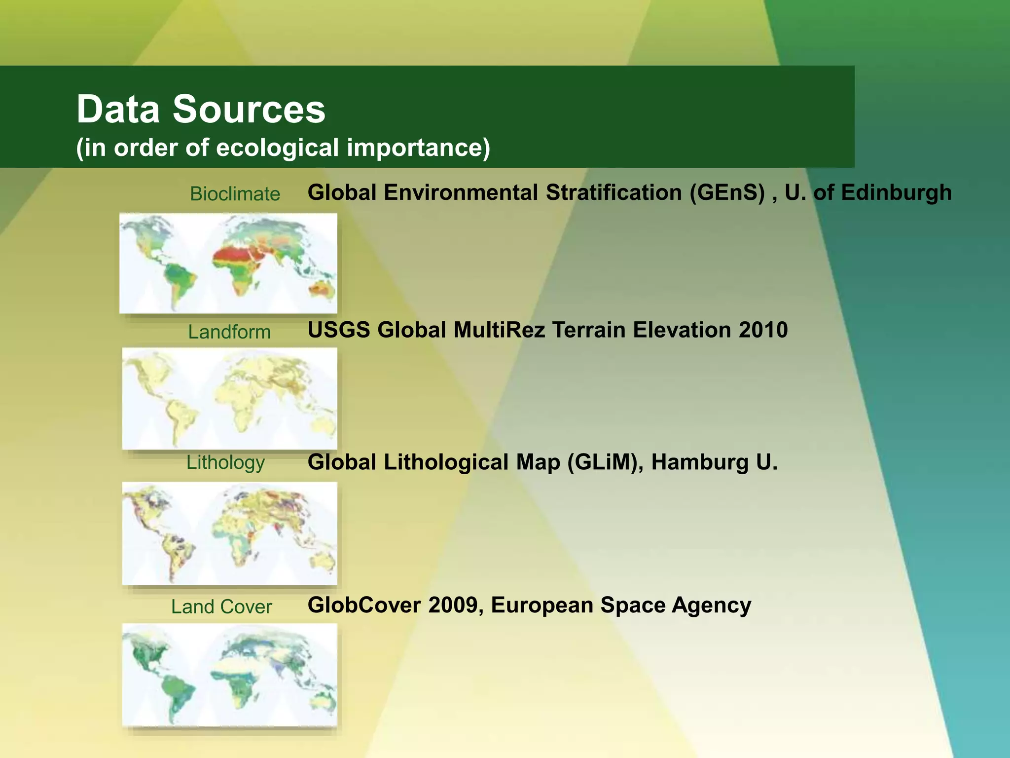 Land Cover
Lithology
Landform
Bioclimate
Data Sources
(in order of ecological importance)
Global Environmental Stratification (GEnS) , U. of Edinburgh
USGS Global MultiRez Terrain Elevation 2010
Global Lithological Map (GLiM), Hamburg U.
GlobCover 2009, European Space Agency
 