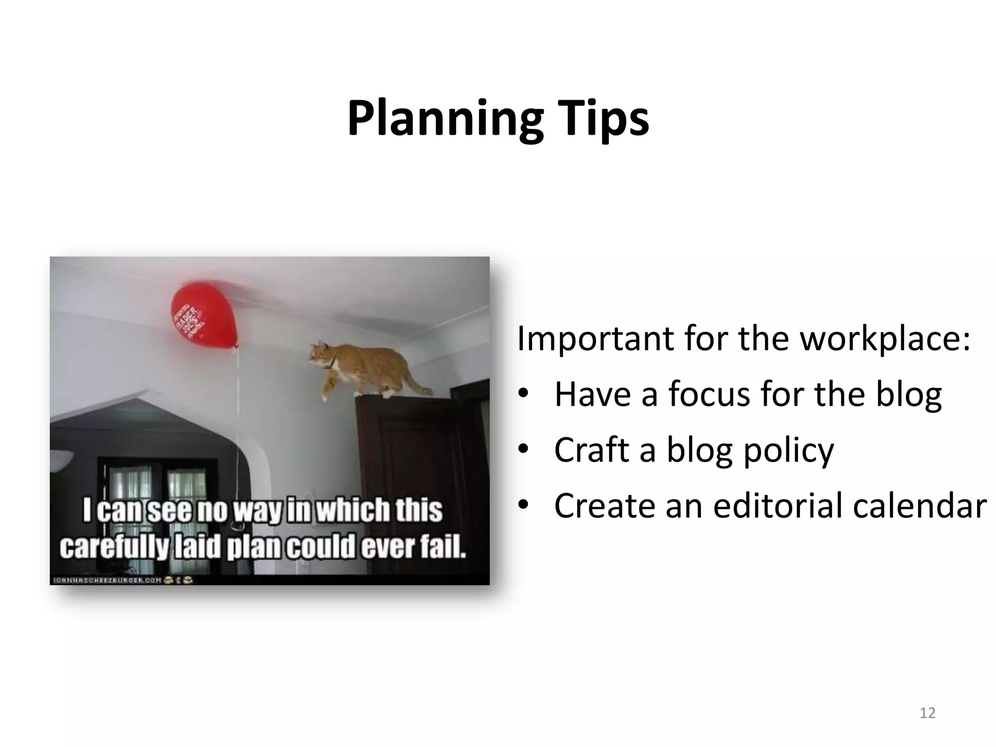 Planning Tips


       Important for the workplace:
       • Have a focus for the blog
       • Craft a blog policy
       • Create an editorial calendar




                                12
 