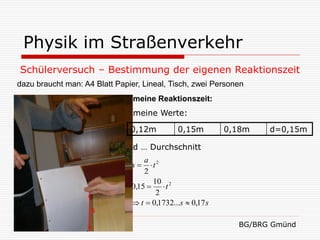 Physik im Straßenverkehr
Schülerversuch – Bestimmung der eigenen Reaktionszeit
dazu braucht man: A4 Blatt Papier, Lineal, Tisch, zwei Personen
                                meine Reaktionszeit:
                                meine Werte:

                               0,12m          0,15m        0,18m   d=0,15m

                                d … Durchschnitt
                                   a 2
                               s    t
                                   2
                                      10
                               0,15   t 2
                                        2
                                t  0,1732...s  0,17 s
                    s
 11.11.2010                                                  BG/BRG Gmünd
 