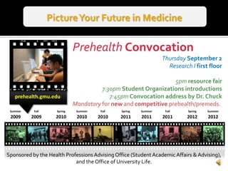 Picture Your Future in Medicine PrehealthConvocation Thursday September 2 Research I first floor 5pm resource fair 7:30pmStudent Organizations introductions 7:45pm Convocation address by Dr. Chuck Mandatory for new and competitiveprehealth/premeds. prehealth.gmu.edu Summer 2009 Fall 2009 Spring 2010 Summer 2010 Fall 2010 Spring 2011 Summer 2011 Fall 2011 Spring 2012 Summer 2012 Sponsored by the Health Professions Advising Office (Student Academic Affairs & Advising), and the Office of University Life. 