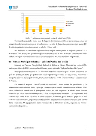 Mestrado em Planeamento e Operação de Transportes
Gestão da Mobilidade Urbana
Alcântara - Acessibilidades 14
Gráfico 7 - Acidentes na área em estudo por tipo de lesão (Fonte: ANSR)
Comparando estes dados com o resto da freguesia de Alcântara, verifica-se que a zona de estudo tem
uma predominância muito superior de atropelamentos – no total da freguesia, estes representam apenas 20%
do total dos acidentes com vítimas, sendo as colisões 54% do total.
Isto dever-se-á às velocidades superiores que se atingem noutros pontos da freguesia (como a Av. 24
de Julho ou a Av. Ceuta) mas que não são possíveis na rede viária da zona de estudo. Este indicador deverá
também servir para realçar a necessidade de estudar a segurança dos peões nesta área em particular.
2.8 Câmara Municipal de Lisboa – Consulta Pública aos Idosos
Integrada no Plano de Acessibilidade Pedonal de Lisboa, a Câmara Municipal de Lisboa (CML)
realizou, em Março de 2011, uma consulta pública aos idosos intitulada “As Ruas Também São Nossas”.
Participaram na sessão cerca de 175 residentes em Lisboa com idade igual a 55 anos ou superior, aos
quais foi pedido pela CML que partilhassem a sua experiência pessoal no uso de passeios, passadeiras e
transportes públicos. Destes participantes, 84,6% eram mulheres e 65,7% viviam sozinhos; a idade média era
de 76 anos.
Em resposta à pergunta “Tem dificuldade de mobilidade?”, quase metade dos participantes (43%)
responderam afirmativamente, sendo a principal causa (58%) relacionadas com os membros inferiores. Nesta
sessão, verificou-se também que os participantes usam a rua com frequência. A maioria destes cidadãos
respondeu que sai de casa diariamente (87,9%) e só 1,2% responderam “raramente”. Os equipamentos mais
visitados são o centro de dia e os locais de convívio/recreio. Já farmácias, posto médico e igrejas são os mais
visitados “ocasionalmente”, enquanto os estabelecimentos de comércio local são mais visitados com carácter
diário e ocasional. Os equipamentos menos visitados são as bibliotecas, escolas, esquadras de polícia e
equipamentos desportivos.
0
5
10
15
20
25
30
35
40
2006 2007 2008 2009 2010 2011
Light injuries
Several injuries
Deaths
 
