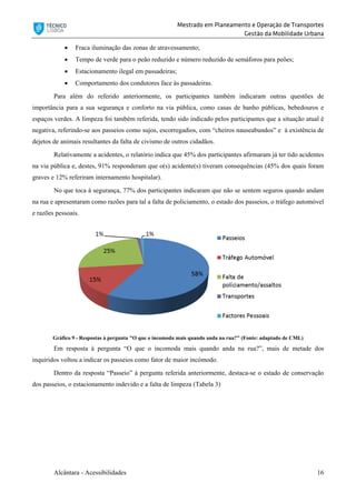 Mestrado em Planeamento e Operação de Transportes
Gestão da Mobilidade Urbana
Alcântara - Acessibilidades 16
 Fraca iluminação das zonas de atravessamento;
 Tempo de verde para o peão reduzido e número reduzido de semáforos para peões;
 Estacionamento ilegal em passadeiras;
 Comportamento dos condutores face às passadeiras.
Para além do referido anteriormente, os participantes também indicaram outras questões de
importância para a sua segurança e conforto na via pública, como casas de banho públicas, bebedouros e
espaços verdes. A limpeza foi também referida, tendo sido indicado pelos participantes que a situação atual é
negativa, referindo-se aos passeios como sujos, escorregadios, com “cheiros nauseabundos” e à existência de
dejetos de animais resultantes da falta de civismo de outros cidadãos.
Relativamente a acidentes, o relatório indica que 45% dos participantes afirmaram já ter tido acidentes
na via pública e, destes, 91% responderam que o(s) acidente(s) tiveram consequências (45% dos quais foram
graves e 12% referiram internamento hospitalar).
No que toca à segurança, 77% dos participantes indicaram que não se sentem seguros quando andam
na rua e apresentaram como razões para tal a falta de policiamento, o estado dos passeios, o tráfego automóvel
e razões pessoais.
Gráfico 9 - Respostas à pergunta "O que o incomoda mais quando anda na rua?" (Fonte: adaptado de CML)
Em resposta à pergunta “O que o incomoda mais quando anda na rua?”, mais de metade dos
inquiridos voltou a indicar os passeios como fator de maior incómodo.
Dentro da resposta “Passeio” à pergunta referida anteriormente, destaca-se o estado de conservação
dos passeios, o estacionamento indevido e a falta de limpeza (Tabela 3)
 