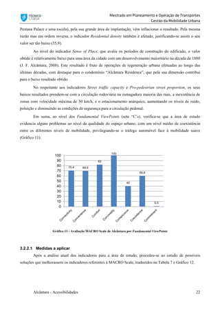 Mestrado em Planeamento e Operação de Transportes
Gestão da Mobilidade Urbana
Alcântara - Acessibilidades 22
Pestana Palace e uma escola), pela sua grande área de implantação, vêm inflacionar o resultado. Pela mesma
razão mas em ordem inversa, o indicador Residential density também é afetado, justificando-se assim o seu
valor ser tão baixo (35,9).
Ao nível do indicador Sense of Place, que avalia os períodos de construção do edificado, o valor
obtido é relativamente baixo para uma área da cidade com um desenvolvimento maioritário na década de 1880
(J. F. Alcântara, 2008). Este resultado é fruto de operações de regeneração urbana efetuadas ao longo das
últimas décadas, com destaque para o condomínio “Alcântara Residence”, que pela sua dimensão contribui
para o baixo resultado obtido.
No respeitante aos indicadores Street traffic capacity e Pro-pedestrian street proportion, os seus
baixos resultados prendem-se com a circulação rodoviária na esmagadora maioria das ruas, a inexistência de
zonas com velocidade máxima de 30 km/h, e o estacionamento anárquico, aumentando os níveis de ruído,
poluição e diminuindo as condições de segurança para a circulação pedonal.
Em suma, ao nível dos Fundamental ViewPoints (sete “C’s), verifica-se que a área de estudo
evidencia alguns problemas ao nível da qualidade do espaço urbano, com um nível médio de coexistência
entre os diferentes níveis de mobilidade, privilegiando-se o tráfego automóvel face à mobilidade suave
(Gráfico 11).
3.2.2.1 Medidas a aplicar
Após a análise atual dos indicadores para a área de estudo, procedeu-se ao estudo de possíveis
soluções que melhorassem os indicadores referentes à MACRO Scale, traduzidos na Tabela 7 e Gráfico 12.
70,4 69,6
82
100
40
59,8
0,9
0
10
20
30
40
50
60
70
80
90
100
Gráfico 11 - Avaliação MACRO Scale de Alcântara por Fundamental ViewPoints
 