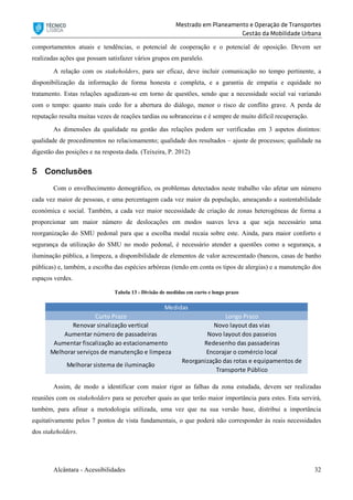 Mestrado em Planeamento e Operação de Transportes
Gestão da Mobilidade Urbana
Alcântara - Acessibilidades 32
comportamentos atuais e tendências, o potencial de cooperação e o potencial de oposição. Devem ser
realizadas ações que possam satisfazer vários grupos em paralelo.
A relação com os stakeholders, para ser eficaz, deve incluir comunicação no tempo pertinente, a
disponibilização da informação de forma honesta e completa, e a garantia de empatia e equidade no
tratamento. Estas relações agudizam-se em torno de questões, sendo que a necessidade social vai variando
com o tempo: quanto mais cedo for a abertura do diálogo, menor o risco de conflito grave. A perda de
reputação resulta muitas vezes de reações tardias ou sobranceiras e é sempre de muito difícil recuperação.
As dimensões da qualidade na gestão das relações podem ser verificadas em 3 aspetos distintos:
qualidade de procedimentos no relacionamento; qualidade dos resultados – ajuste de processos; qualidade na
digestão das posições e na resposta dada. (Teixeira, P. 2012)
5 Conclusões
Com o envelhecimento demográfico, os problemas detectados neste trabalho vão afetar um número
cada vez maior de pessoas, e uma percentagem cada vez maior da população, ameaçando a sustentabilidade
económica e social. Também, a cada vez maior necessidade de criação de zonas heterogéneas de forma a
proporcionar um maior número de deslocações em modos suaves leva a que seja necessário uma
reorganização do SMU pedonal para que a escolha modal recaia sobre este. Ainda, para maior conforto e
segurança da utilização do SMU no modo pedonal, é necessário atender a questões como a segurança, a
iluminação pública, a limpeza, a disponibilidade de elementos de valor acrescentado (bancos, casas de banho
públicas) e, também, a escolha das espécies arbóreas (tendo em conta os tipos de alergias) e a manutenção dos
espaços verdes.
Tabela 13 - Divisão de medidas em curto e longo prazo
Assim, de modo a identificar com maior rigor as falhas da zona estudada, devem ser realizadas
reuniões com os stakeholders para se perceber quais as que terão maior importância para estes. Esta servirá,
também, para afinar a metodologia utilizada, uma vez que na sua versão base, distribui a importância
equitativamente pelos 7 pontos de vista fundamentais, o que poderá não corresponder às reais necessidades
dos stakeholders.
Curto Prazo Longo Prazo
Renovar sinalização vertical Novo layout das vias
Aumentar número de passadeiras Novo layout dos passeios
Aumentar fiscalização ao estacionamento Redesenho das passadeiras
Melhorar serviços de manutenção e limpeza Encorajar o comércio local
Medidas
Melhorar sistema de iluminação
Reorganização das rotas e equipamentos de 
Transporte Público
 
