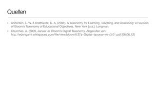 Quellen
‣ Anderson, L. W. & Krathwohl, D. A. (2001). A Taxonomy for Learning, Teaching, and Assessing: a Revision
of Bloom’s Taxonomy of Educational Objectives. New York [u.a.]: Longman.
‣ Churches, A. (2009, Januar 4). Bloom’s Digital Taxonomy. Abgerufen von:
http://edorigami.wikispaces.com/ﬁle/view/bloom%27s+Digital+taxonomy+v3.01.pdf [08.06.12]
 